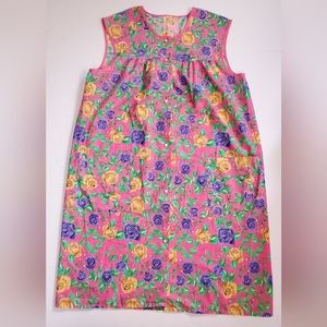 Vintage Pink Purple Snap Smock Craft Floral Roses House Dress Apron Women's L